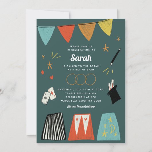 Blauwgroen Magic Show Bar Bat Mitzvah Uitnodiging (Voorkant)