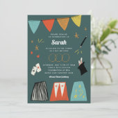 Blauwgroen Magic Show Bar Bat Mitzvah Uitnodiging (Staand voorkant)