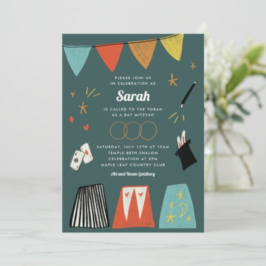 Blauwgroen Magic Show Bar Bat Mitzvah Uitnodiging (Staand voorkant)