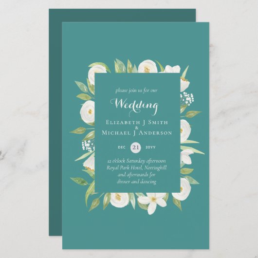 Blauwgroen Magnolia Floral Budget Wedding nodigt A (Voorkant / Achterkant)