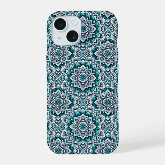 Blauwgroen mandalapatroon iPhone 15 case (Achterkant)