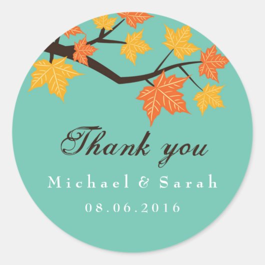 Blauwgroen Maple Leaves Fall Wedding Dank je Stick Ronde Sticker (Voorkant)