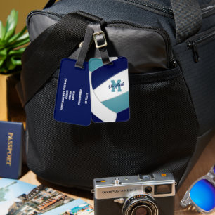 blauwgroen marine blauw team kleuren monogrammed v bagagelabel