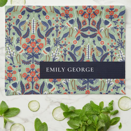  Blauwgroen marine Classy Floral Peacock Pattern Theedoek (Gevouwen)