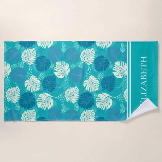 Blauwgroen Marine en Witte Kustmonstera Aangepaste Strandlaken (Voorkant)