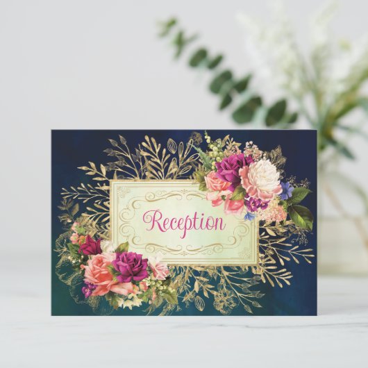 Blauwgroen, Marine, Gouden Vette Bloemen Huwelijks Kaart (Staand voorkant)