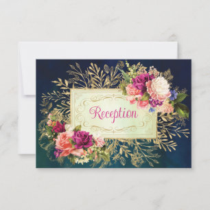 Blauwgroen, Marine, Gouden Vette Bloemen Huwelijks Kaart