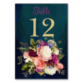 Blauwgroen, Marine, Groen, Gouden Bloemen Tafelnum Kaart (Voorkant)