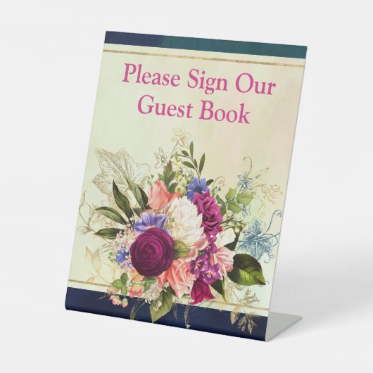 Blauwgroen, Marine, Groen, Gouden Bloemen Trouwbor Reclamebord Met Voetstuk (Voorkant)