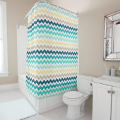 Blauwgroen marinegeel Chevron Stripes-gordijn Douchegordijn (In situ)