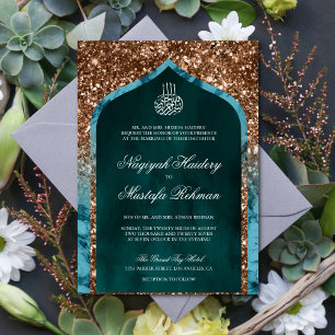 Blauwgroen marmer Bronze Glitter Arch Islamic Wedd Kaart