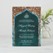 Blauwgroen marmer Bronze Glitter Arch Islamic Wedd Kaart (Staand voorkant)