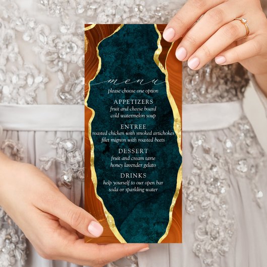Blauwgroen Marmer, Burnt Oranje & Gold Agate Menu