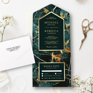 Blauwgroen marmer Faux Gold Foil Wedding All In One Uitnodiging