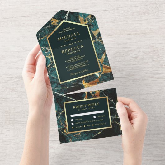 Blauwgroen marmer Faux Gold Foil Wedding All In One Uitnodiging (Afscheurbaar)