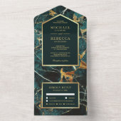 Blauwgroen marmer Faux Gold Foil Wedding All In One Uitnodiging (Binnen)