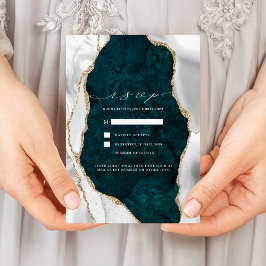 Blauwgroen marmer, White & Gold Agate Wedding RSVP Kaart