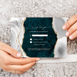 Blauwgroen marmer, White & Gold Agate Wedding RSVP Kaart