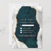 Blauwgroen marmer, White & Gold Agate Wedding RSVP Kaart (Voorkant)
