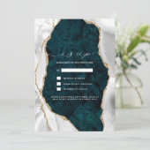 Blauwgroen marmer, White & Gold Agate Wedding RSVP Kaart (Staand voorkant)