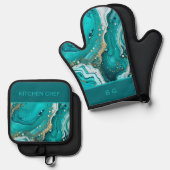 blauwgroen marmeren oceaan ovenwant & pannenlap set (Voorkant / Achterkant)