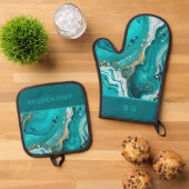 blauwgroen marmeren oceaan ovenwant & pannenlap set (Top down)