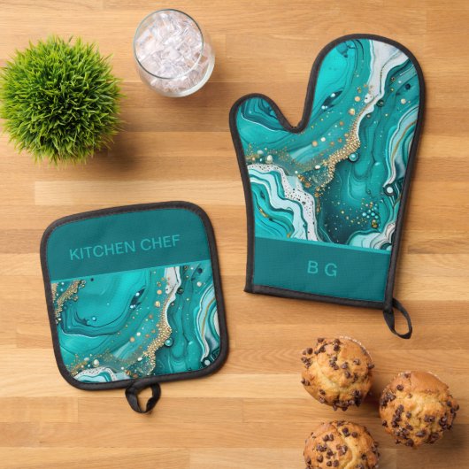 blauwgroen marmeren oceaan ovenwant & pannenlap set (Top down)