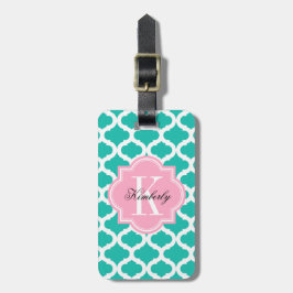 Blauwgroen Marokkaans patroon met roze monogram Bagagelabel