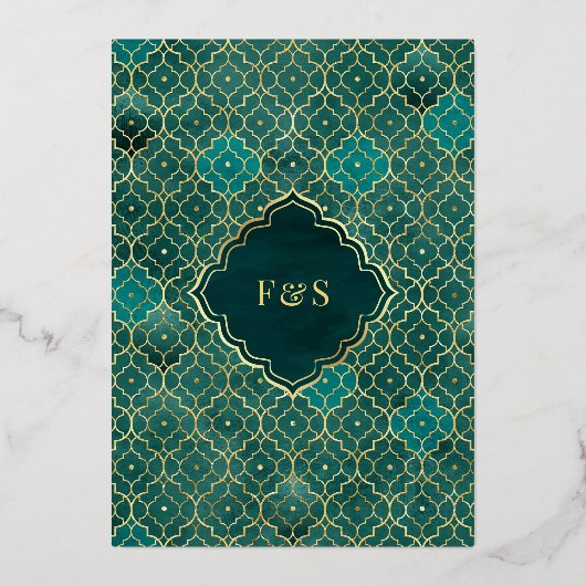 Blauwgroen Marokkaanse Arch Moslim Bruiloft Goud Folie Uitnodiging (Achterkant)