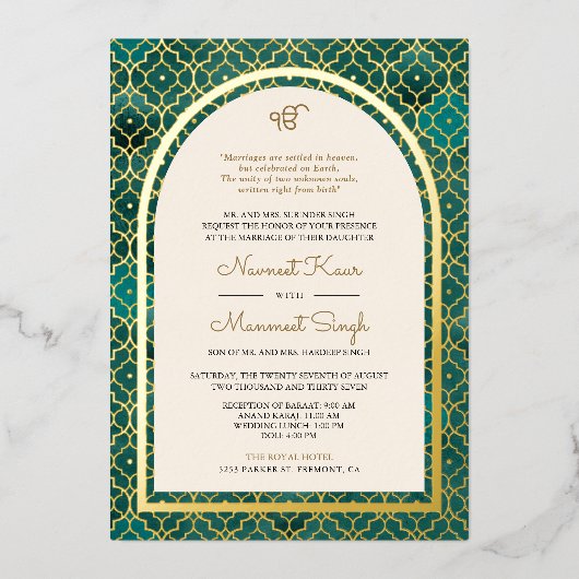 Blauwgroen Marokkaanse Patroon Sikh Boog Trouwgoud Folie Uitnodiging (Voorkant)