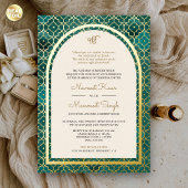 Blauwgroen Marokkaanse Patroon Sikh Boog Trouwgoud Folie Uitnodiging
