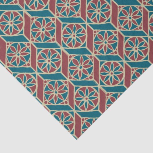 Blauwgroen, maroon, beige etnisch flessenpatroon tissuepapier (Detail)