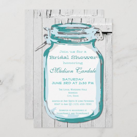 Blauwgroen Mason Jar Barn Wood Bridal Shower Invit Kaart (Voorkant / Achterkant)