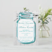 Blauwgroen Mason Jar Barn Wood Bridal Shower Invit Kaart (Staand voorkant)