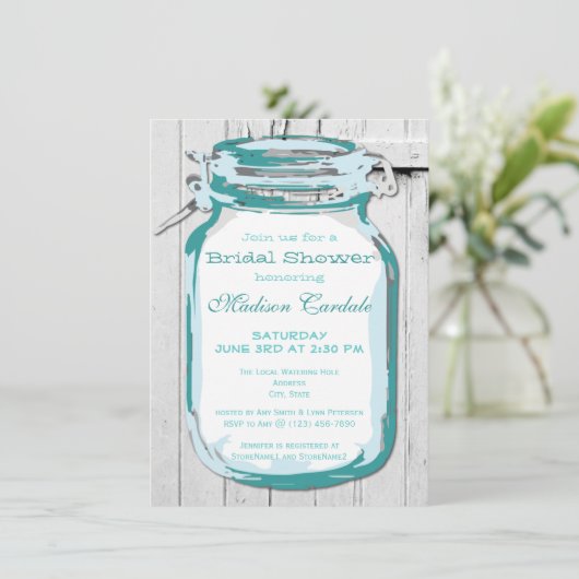 Blauwgroen Mason Jar Barn Wood Bridal Shower Invit Kaart (Staand voorkant)