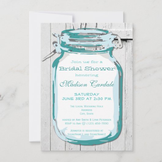 Blauwgroen Mason Jar Barn Wood Bridal Shower Invit Kaart (Voorkant)