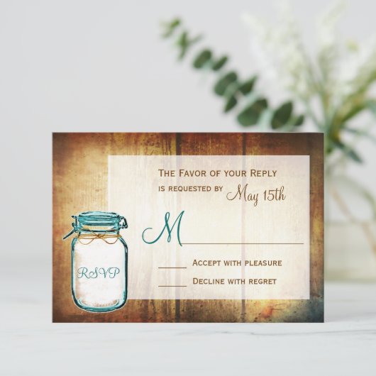 Blauwgroen Mason Jar Barn Wood Rustic Wedding RSVP (Staand voorkant)