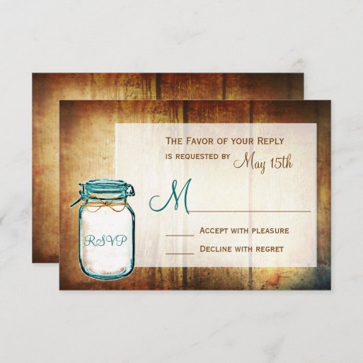 Blauwgroen Mason Jar Barn Wood Rustic Wedding RSVP (Voorkant / Achterkant)