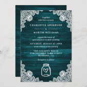 Blauwgroen Mason Jar Bloemen Kant Rustiek Hout Wed Kaart (Voorkant / Achterkant)