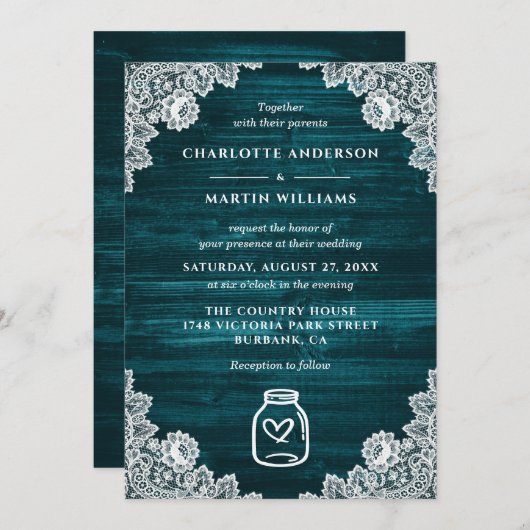 Blauwgroen Mason Jar Bloemen Kant Rustiek Hout Wed Kaart (Voorkant / Achterkant)