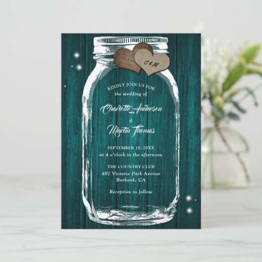 Blauwgroen Mason Jar Burlap Hearts Barn Wood Wedde Kaart (Staand voorkant)