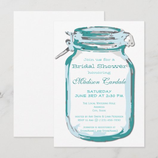 Blauwgroen Mason Jar Country Bridal Shower-uitnodi Kaart (Voorkant / Achterkant)