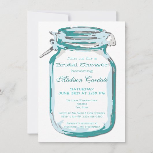 Blauwgroen Mason Jar Country Bridal Shower-uitnodi Kaart (Voorkant)