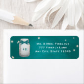 Blauwgroen Mason Jar met Fireflies Retouradres Etiket (Insitu)