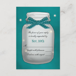 Blauwgroen Mason Jar met Fireflies RSVP-kaart RSVP Kaartje