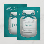 Blauwgroen Mason Jar met Fireflies RSVP-kaart RSVP Kaartje (Voorkant / Achterkant)