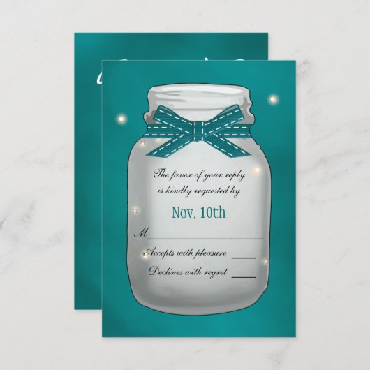 Blauwgroen Mason Jar met Fireflies RSVP-kaart RSVP Kaartje (Voorkant / Achterkant)