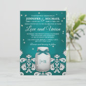 Blauwgroen Mason Jar met gevuurde bruiloft Kaart (Staand voorkant)