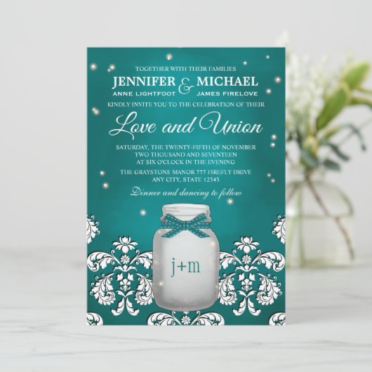 Blauwgroen Mason Jar met gevuurde bruiloft Kaart (Staand voorkant)