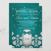 Blauwgroen Mason Jar met gevuurde bruiloft Kaart (Voorkant / Achterkant)